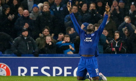 Romelu Lukaku celebrates scoring Everton's second goal.