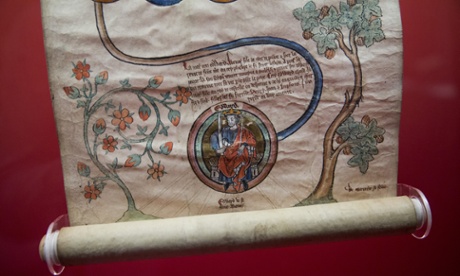 A 14th century scroll illustrating the geneolagy of King John 1199-1216 on show at the British Library.