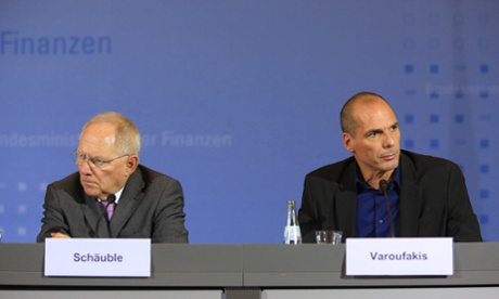 Wolfgang Schaeuble, left, with Greek finance minister Yanis Varoufakis
