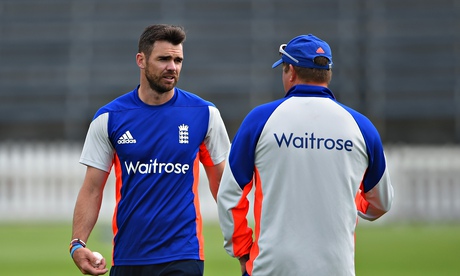 Jimmy Anderson talks with the England bowling coach David Saker during a nets session in Wellington