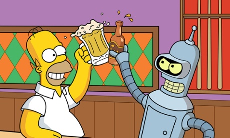 Homer Simpson and Bender share a beer