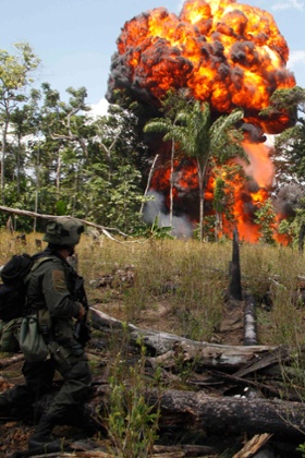 A Colombian anti-drug policeman stands guard after burning a cocaine laboratory in Puerto Concordia near Meta province in 2012.