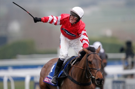Nico de Boinville celebrates victory on Coneygree as they pass the winning post.
