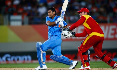 MS Dhoni of India bats during the 2015 ICC Cricket World Cup match against Zimbabwe at Eden Park, Auckland.