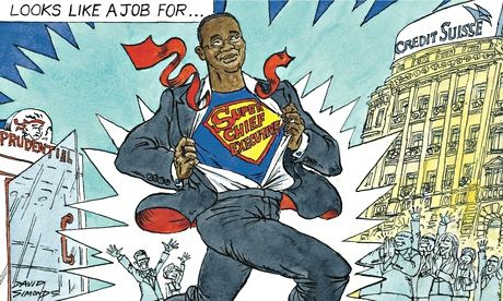 Cartoon depicting Pru boss Tidjane Thiam as superhero