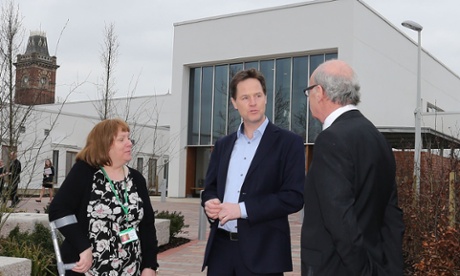 Nick Clegg (centre) with Clock View Hospital Service User Reps Iris Benson and Robert Greenberg in Walton, Liverpool.