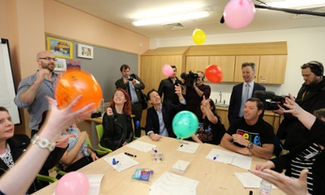 Nick Clegg takes part in a therapy session during a visit to Clock View Hospital in Walton
