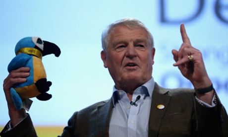 Paddy Ashdown with a toy stuffed parrot speaking at the Lib Dem rally last night.