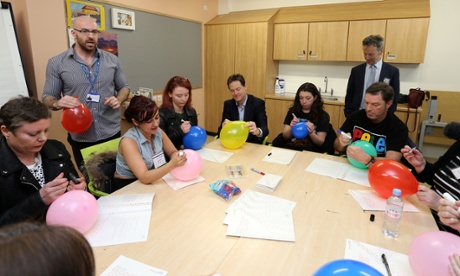 Liberal Democrat leader Nick Clegg takes part in a therapy session during a visit to Clock View hospital in Liverpool.