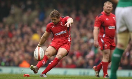 Leigh Halfpenny kicks a penalty for Wales.
