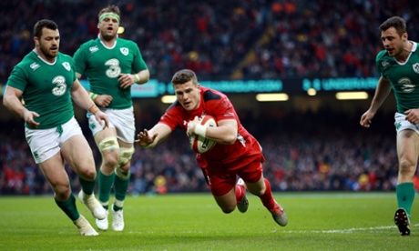 Wales' Scott Williams scores a try against Ireland.