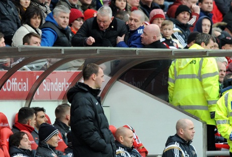 A furious Sunderland fan vents his frustration at the Sunderland bench.
