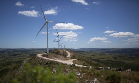 Wind turbines at the Sierra de los Caracoles wind farm, in the department of Maldonado, east of Montevideo. Windmills are beginning to dot Uruguay’s countryside. 