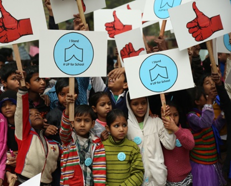 Students support the Up For School campaign in Delhi