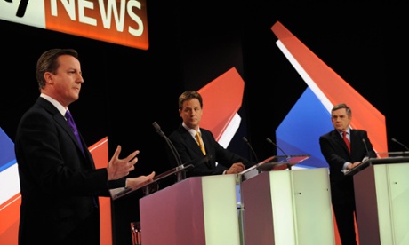 David Cameron, Nick Clegg and Gordon Brown debating in 2010.