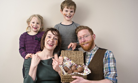 Creem eggs all round … Zoe Williams with her warmints Thurston and Harper, and chocolatier Paul A Yo