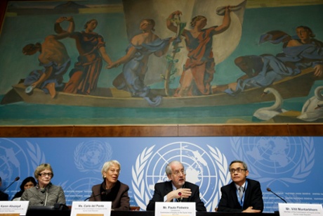 Members of the commission of inquiry on Syria, Karen Koning Abuzayd (L-R), Switzerland's Carla Del Ponte, chairperson Brazilian Paulo Pinheiro,  and Thailand's Vitit Muntarbhorn, deliver a press conference in Geneva.