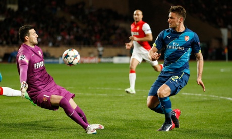 Monaco's Danijel Subasic saves a shot from Olivier Giroud and from the rebound the Arsenal striker fired the Gunners into the lead with a fine finish.