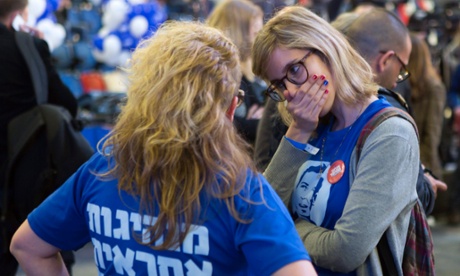 Supporters and activists of Isaac Herzog and the Zionist Union party react to the news of the near deadlock in the polls.