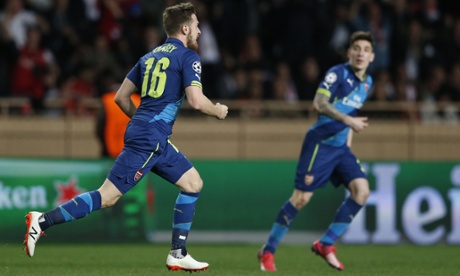 Aaron Ramsey celebrates after scoring Arsenal's second goal.