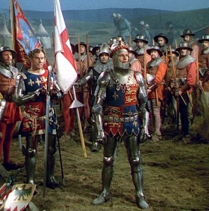 Laurence Olivier in Agincourt battle scene in 1944 film Henry V.