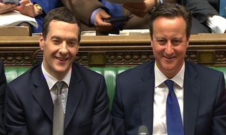 George Osborne, left, and prime minister David Cameron listen to Ed Miliband's remarks about Wednesday's budget.