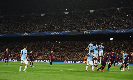Lionel Messi fires his free-kick over the Manchester City wall.