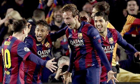 Lionel Messi, left, Neymar, second left, Ivan Rakitic, second right, and Luis Suarez are all rather pleased to have taken the lead.