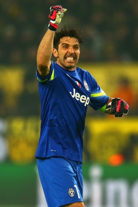Gianluigi Buffon is rather pleased that Morata has increased Juve's lead.