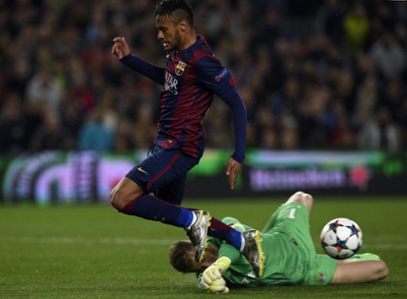 A great, and brave, block by Joe Hart to deny Neymar.