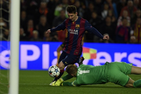 Lionel Messi is denied by Joe Hart.
