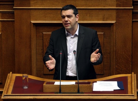 Greek Prime Minister Alexis Tsipras speaks in the parliament before the vote of an anti-poverty bill, the first piece of legislation from the left-wing government, in Athens, capital of Greece, on March 18, 2015.