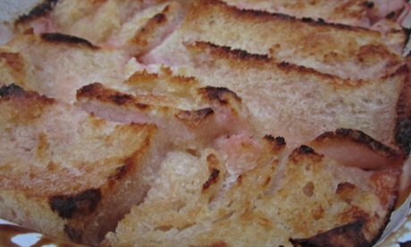Rhubarb bread and butter pudding – perfect served with custard or cream.