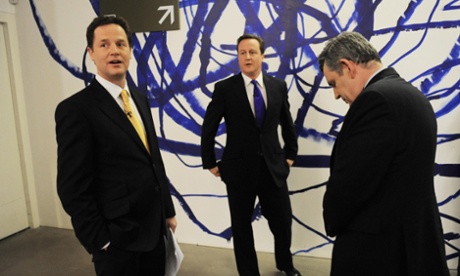 David Cameron, centre, with Nick Clegg, left, and Gordon Brown before the second leaders' debate in 2010.