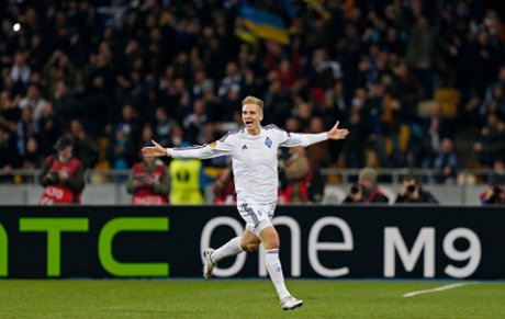 Lukasz Teodorczyk celebrates after scoring the second goal for Dynamo Kiev.