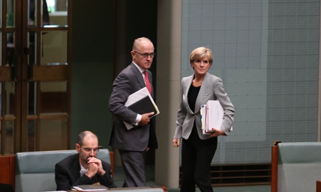 Foreign minister Julie Bishop and communications minister Malcolm Turnbull during question time in the House of Representatives this afternoon.