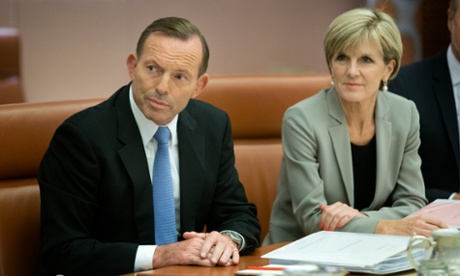 Tony Abbott and Foreign Minister Julie Bishop preparing for a cabinet meeting.