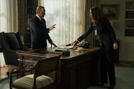 House of Cards: Kevin Spacey as Frank Underwood and Elizabeth Marvel as Heather Dunbar.