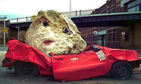 A car flattened in the name of art in The Rocks district of Sydney, Australia