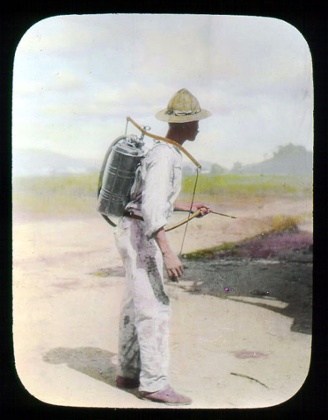 Man spraying kerosene oil into ponds and water-filled trenches surrounding the Panama Canal to protect against mosquitoes carrying malaria, 1912.