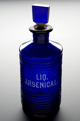 Blue glass bottle for arsenic from Europe, 1701-1935. 