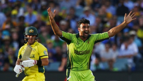 Sohail Khan makes an appeal for LBW, dismissing Aaron Finch.