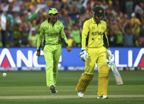 Sohaib Maqsood celebrates after taking a catch to dismiss Michael Clarke.