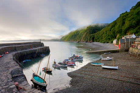 Fishing boats moored in the harbour at Clovelly.