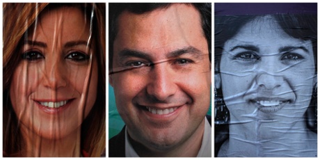 Campaign posters of the main candidates, left to right, Susana Diaz (Socialist party); Juan Manuel Moreno Bonilla (People's party); and Teresa Rodriguez (Podemos).