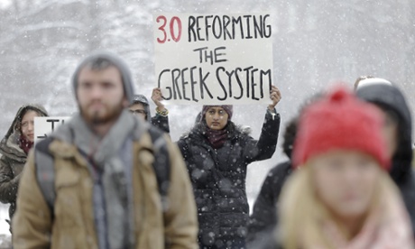 Students and others demonstrate against frats on the Penn State campus, 20 March 2015 in State College, Pa.