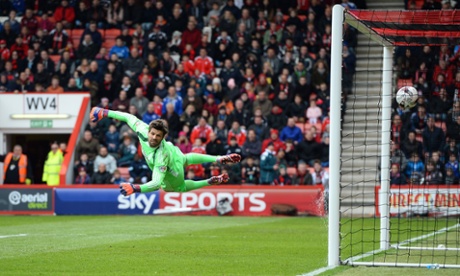 Boro Keeper Dimi Konstantopoulos can only watch as Harry Arter's shot flies past him to put Bournemouth 2-0 up.