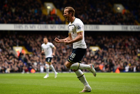 Harry Kane of Spurs celebrates after scoring the opening goal.