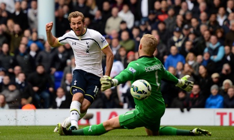 Harry Kane fires the ball past Kasper Schmeichel for Spurs' second.