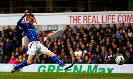 Jamie Vardy pulls a goal back for Leicester City.